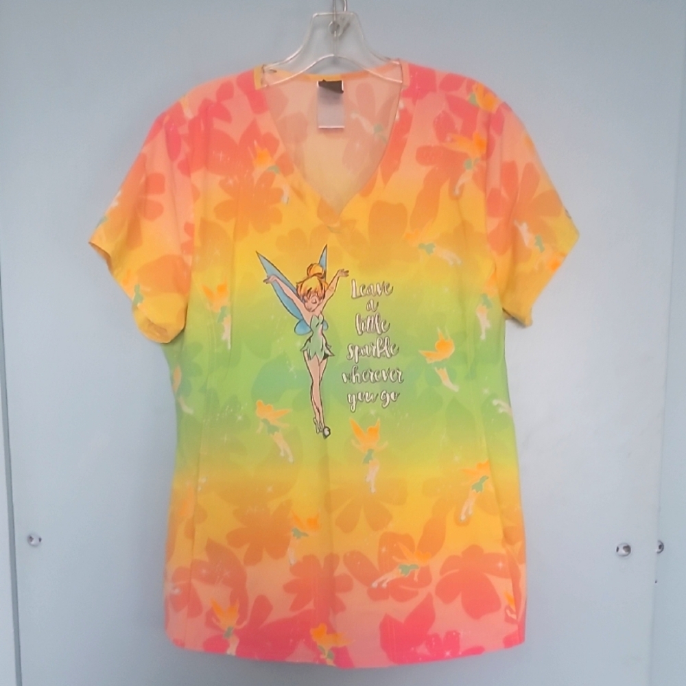 Disney Tinker Bell Ombre  scrub top- Yellow Green Pink